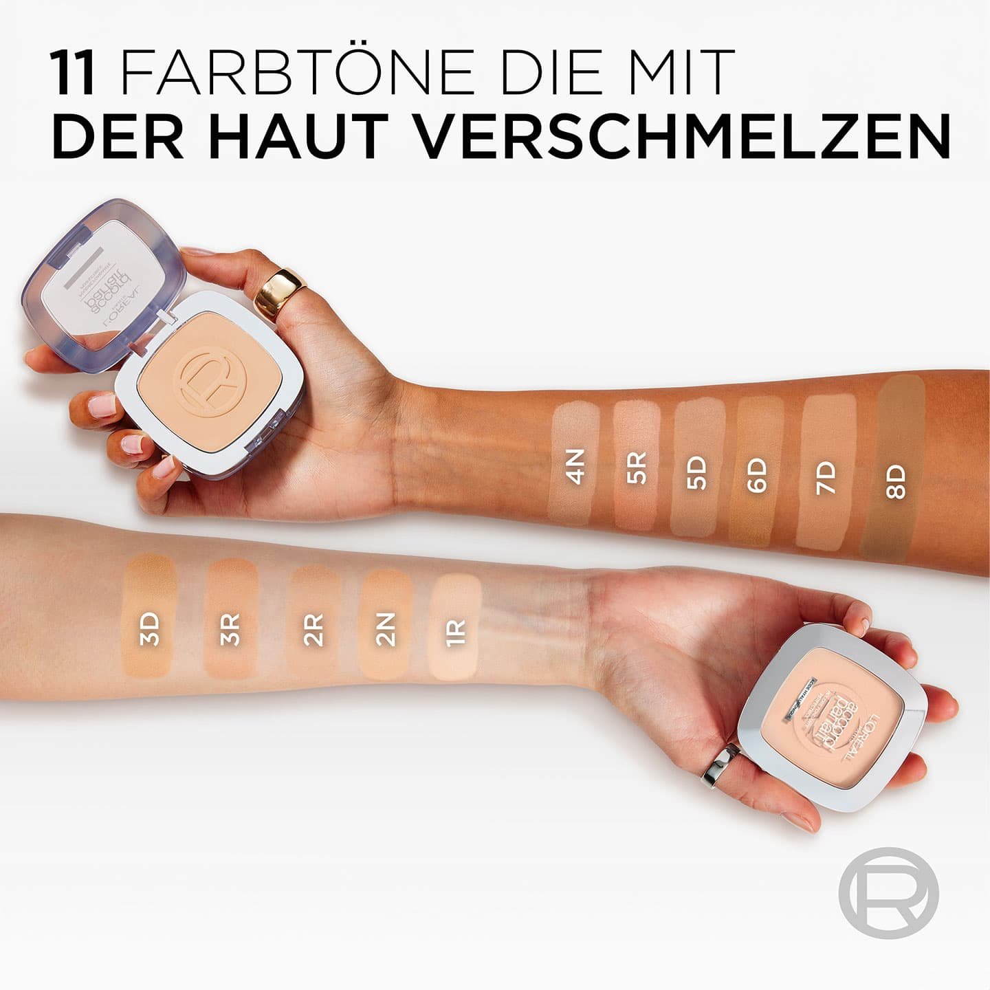 2 Arme mit Proben der True Match Puder, darüber Text - 11 Farbtöne die mit der Haut verschmelzen
